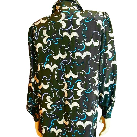 1980s 90s Vintage Black Print Silk Designer Tunic Oversized Blouse Emilio Pucci - Picture 2 of 7